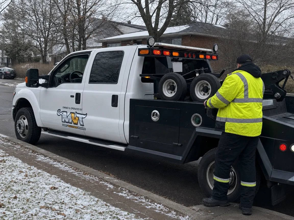 MVT tow truck parked on an Ottawa street in winter with operator stowing cable equipment at the rear of the truck