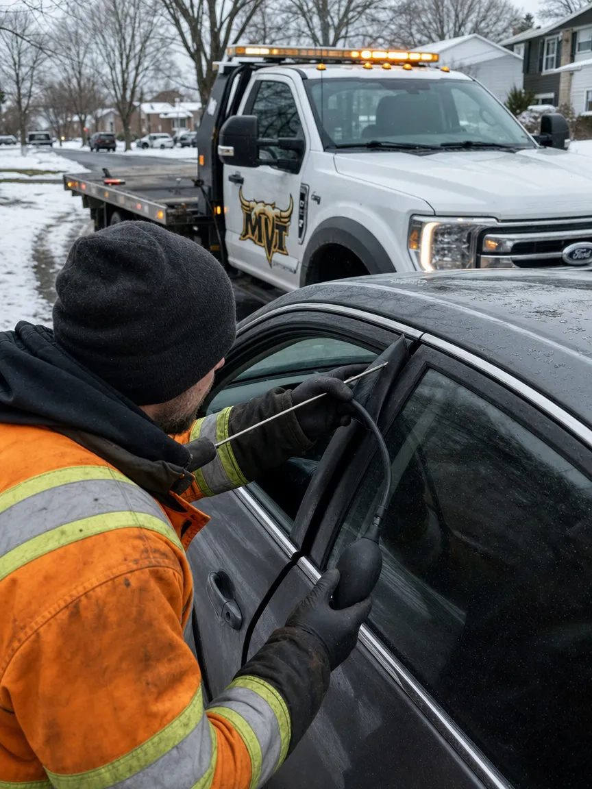 A Most Valuable Towing technician in a hi-vis jacket using a long-reach lockout rod and air-wedge to unlock a car door on a snowy Ottawa street, the branded MVT flatbed truck parked behind.